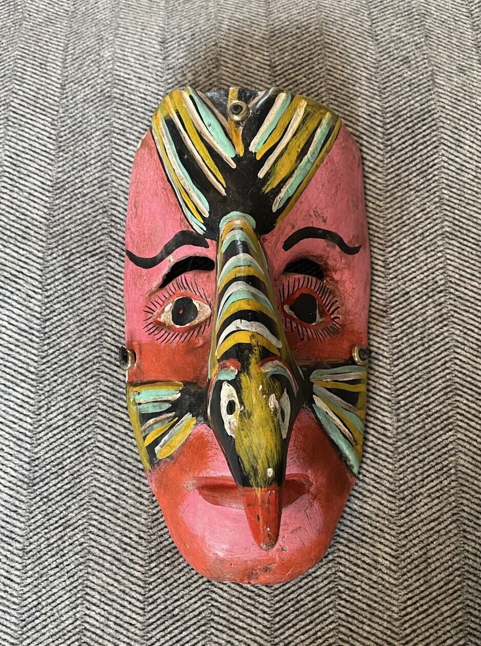 Vintage MEXICAN GUERRERO Mask Folk Art Bird Fish Carved Face Wood Dance Beak