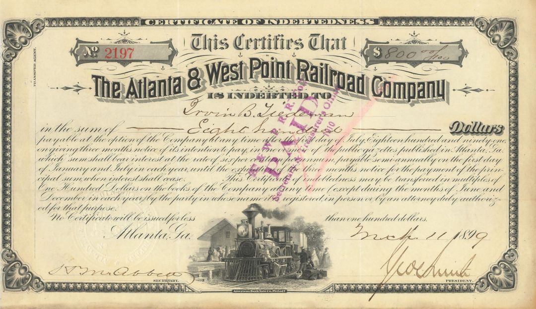 Atlanta and West Point Railroad Co. - 1881-1901 dated Railway Bond - Various Den