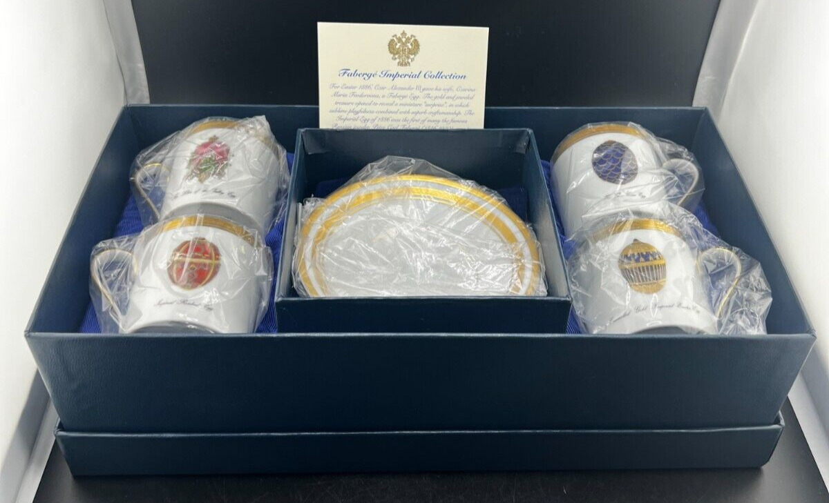 FABERGE IMPERIAL EGG DEMITASSE BOXED SET OF 4 CUPS & SAUCERS IMPERIAL COLLECTION
