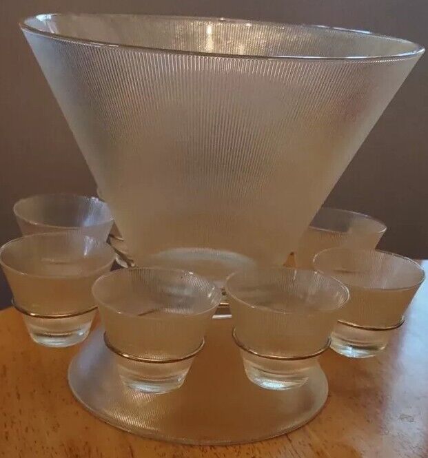Vtg Federal Glass Norse Fine Ribbed Prismatic Punch Serving Bowls and 8 Glasses