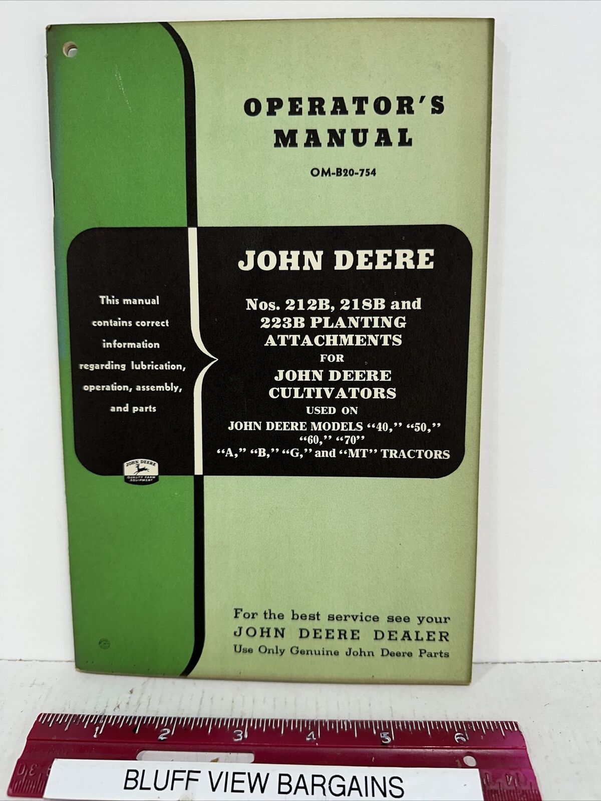 1950's John Deere Operator's Manual OM-B20-754 Planting Attachments
