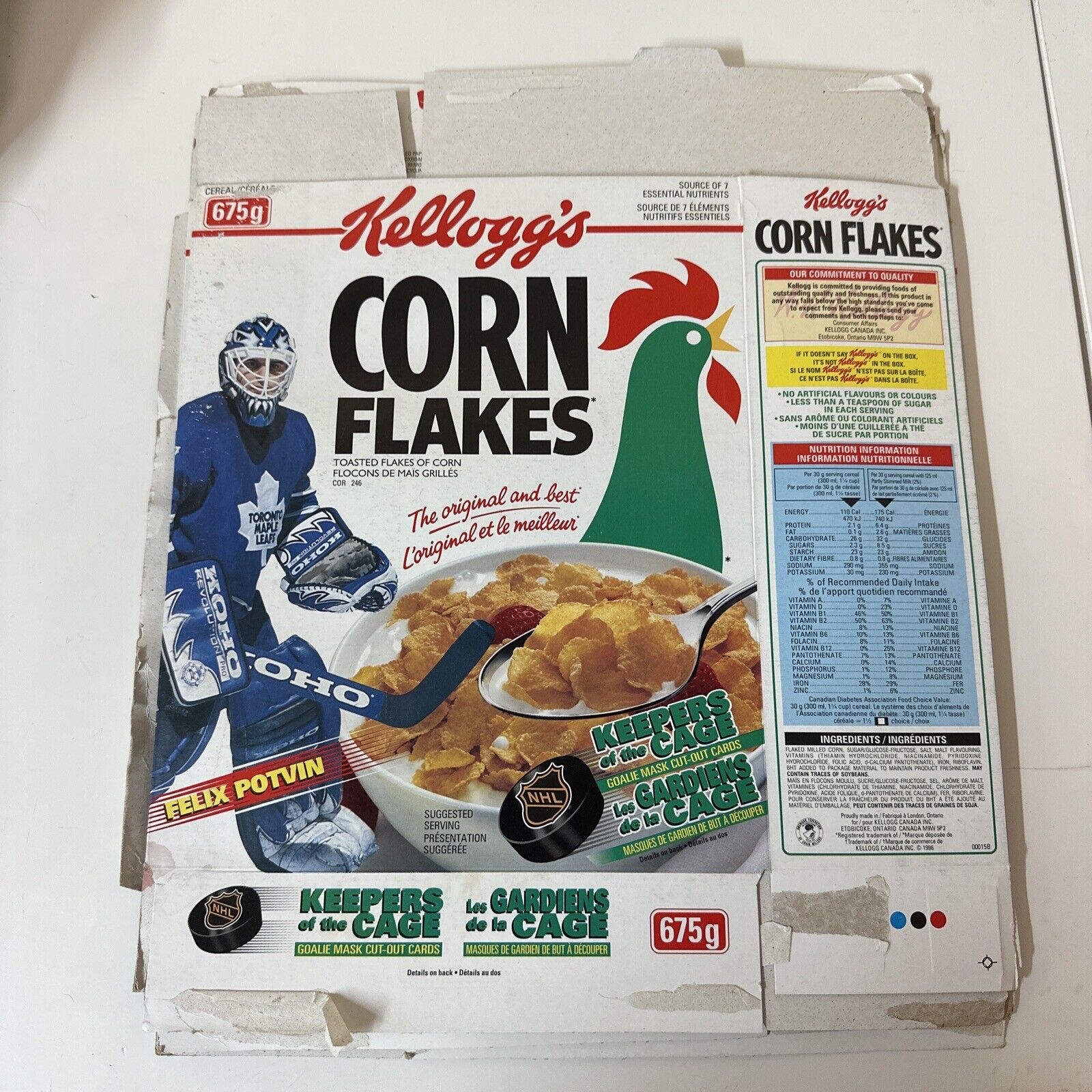 VTG Kellogg’s Corn Flakes Flat Cereal Box Hockey Felix Potvin Maple Leafs 1996
