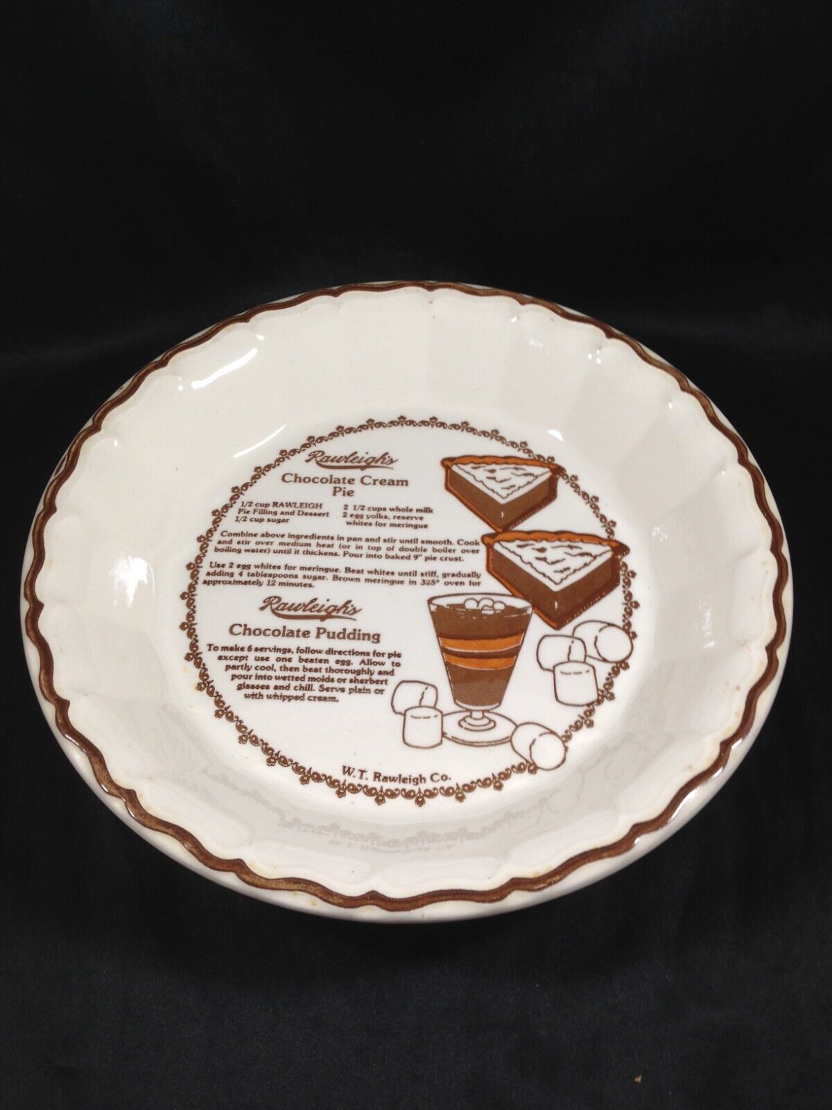 Vintage Rawleigh's Chocolate Cream Pie Ceramic Baker Deep Dish 10-1/2”