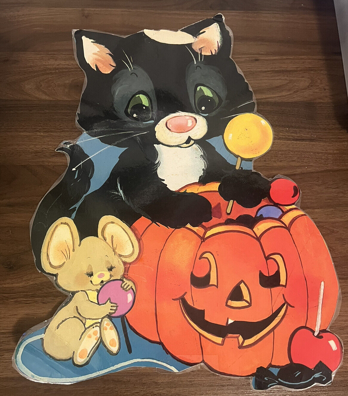 Vintage 1980s 2 Halloween Cutout Decorations Black Cat Pumpkin Kitsch Laminated