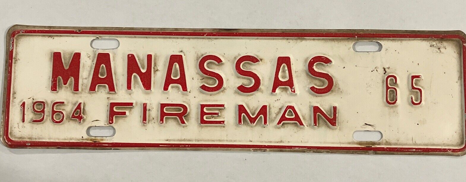 1964 Manassas Virginia Va Fire Department License Plate Town Tag Topper Badge 65