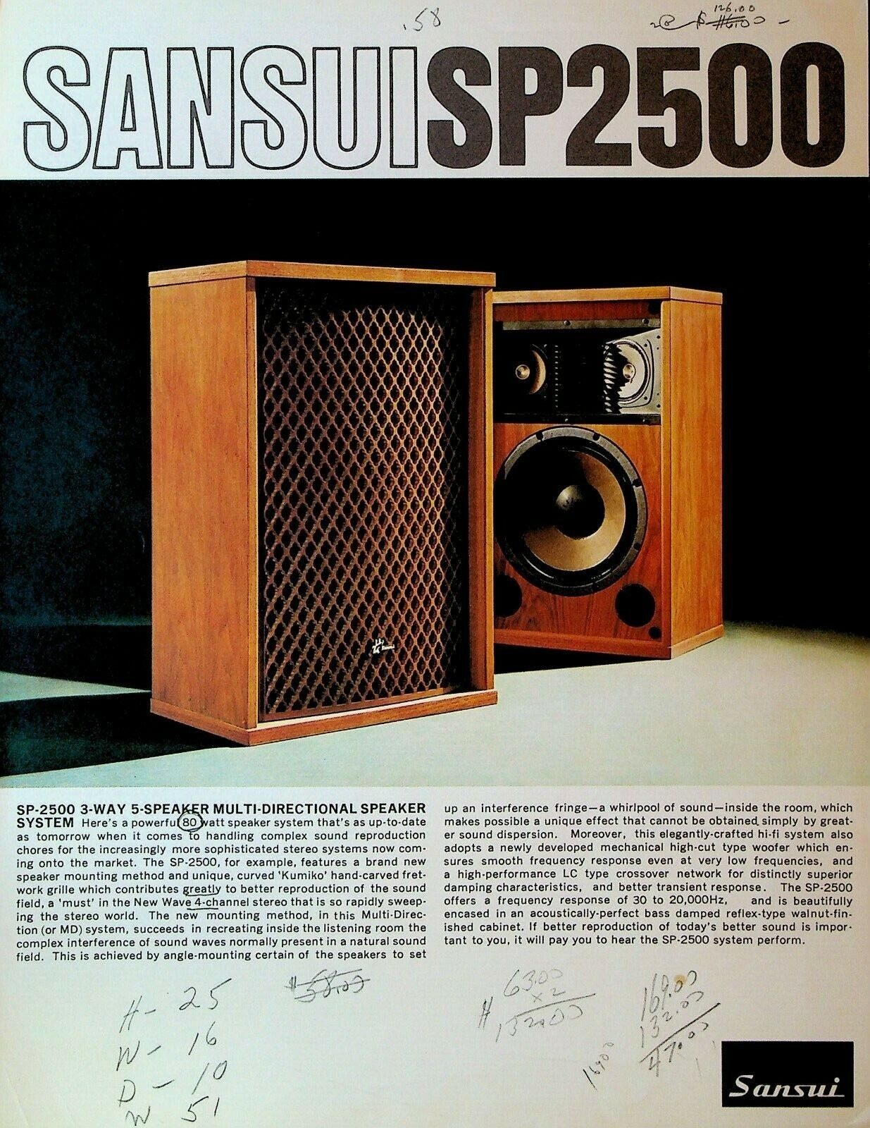 Sansui SP2500 Multi Direction Speaker System Ad Sheet 1970s