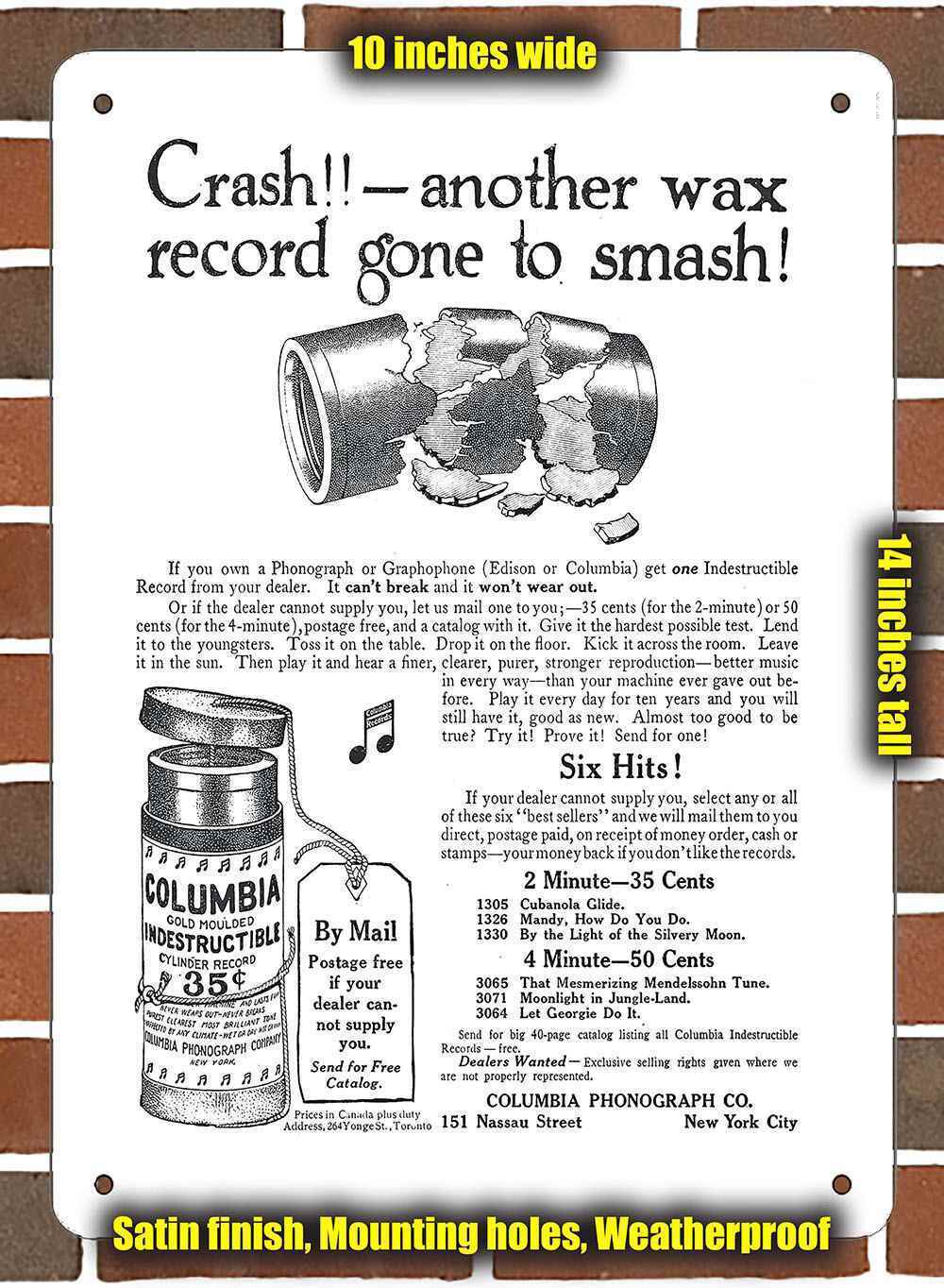 Metal Sign - 1910 Columbia Phonograph Indestructible Cylinder Records
