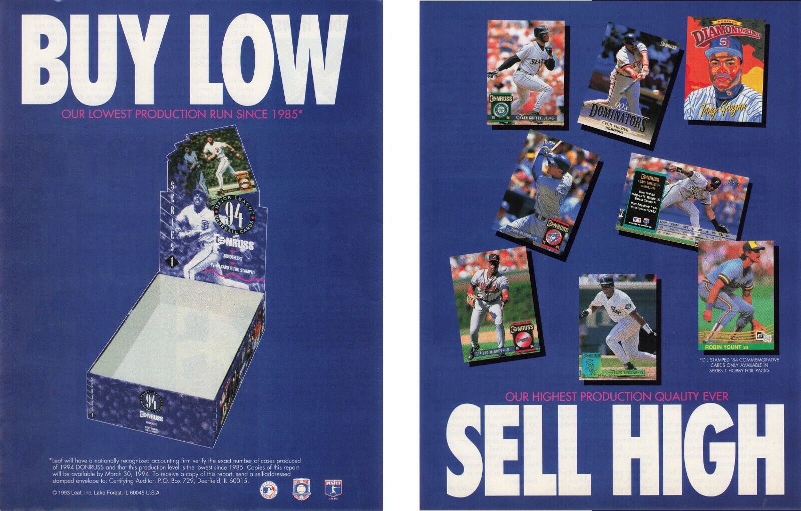 Buy Low Sell High 1994 Donruss Cards 90\'S Vtg Print Ad Two Separate 8X11 Pages