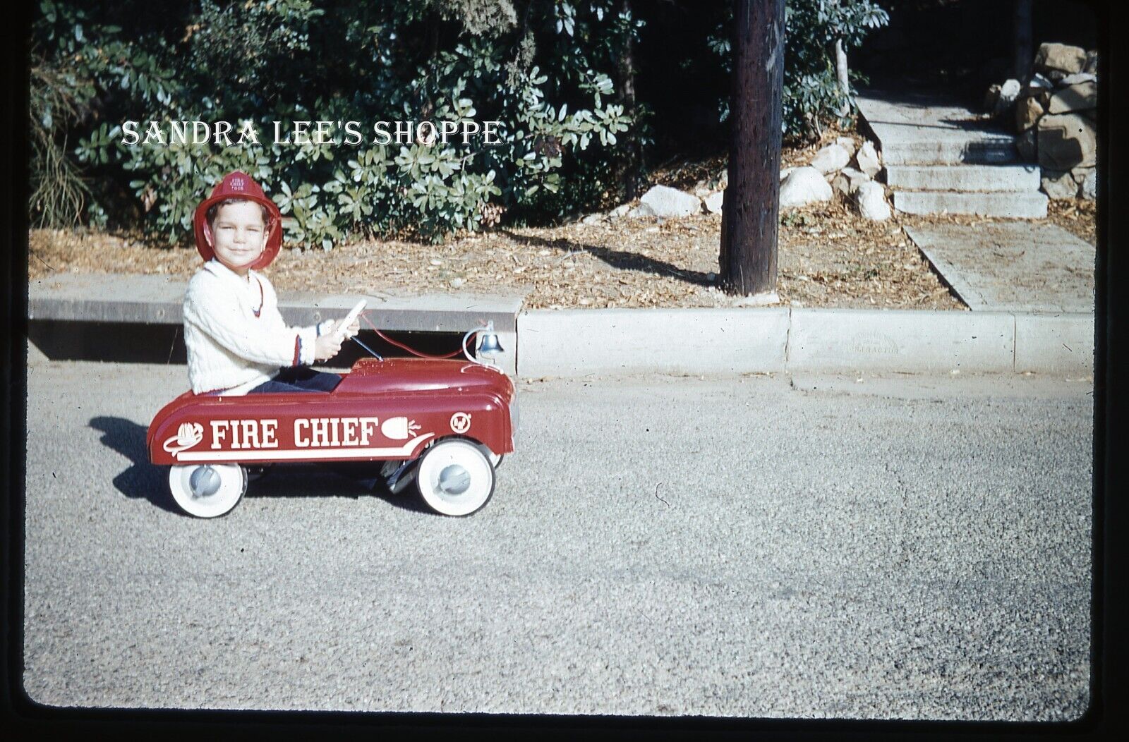 #776 Slide 1959 Smiling Boy Riding Red Fire Chief Pedal Toy Car Fireman Helmet