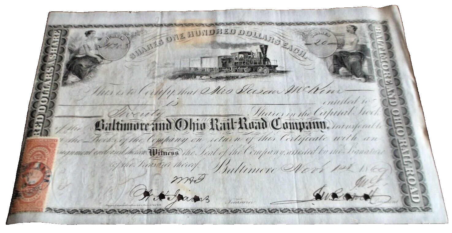 1869 BALTIMORE & OHIO RAILROAD STOCK CERTIFICATE