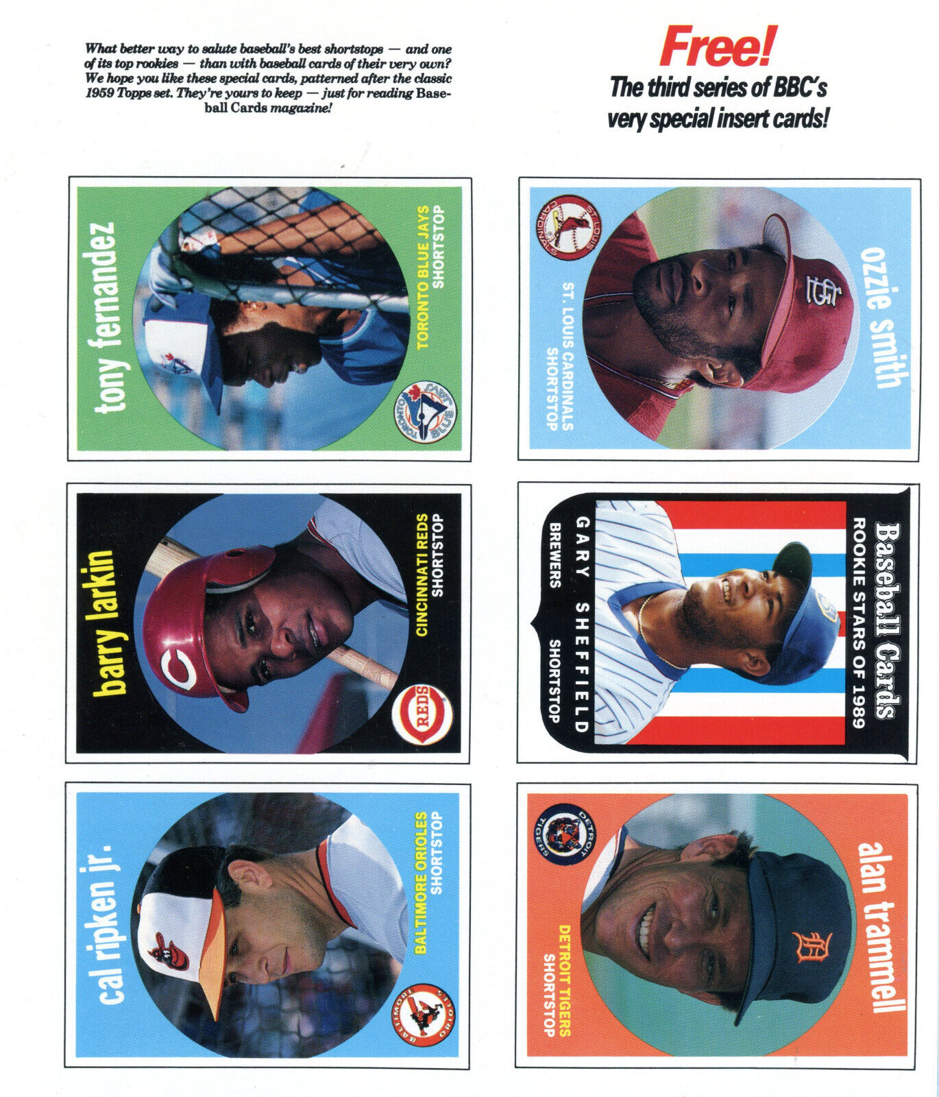 1989 Baseball Cards Magazine 6 card uncut Sheet -- 1959 Topps format 