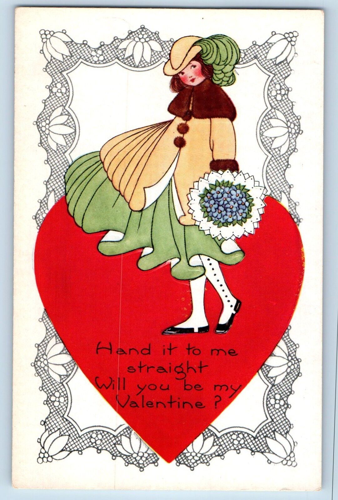 Valentine Postcard Big Heart Pretty Girl With Flowers Bouquet Embossed c1910\'s