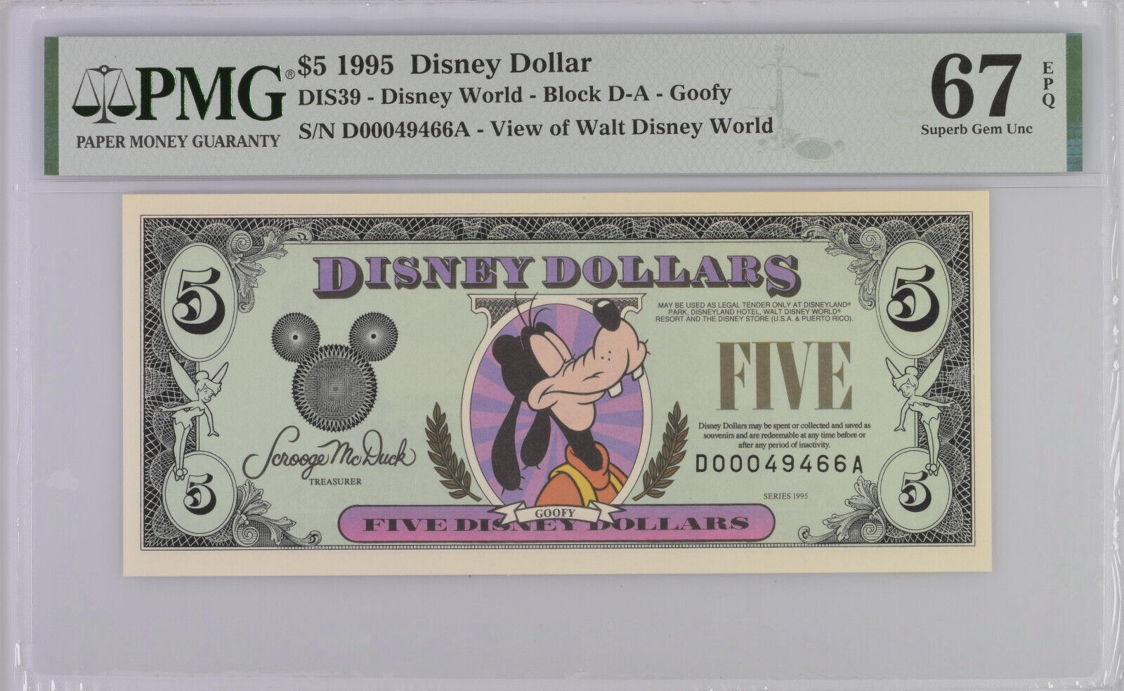 EXTREMELY RARE 1995 D $5 Disney Dollar PMG 67EPQ DIS39 D00049466A TOP POP NOTE