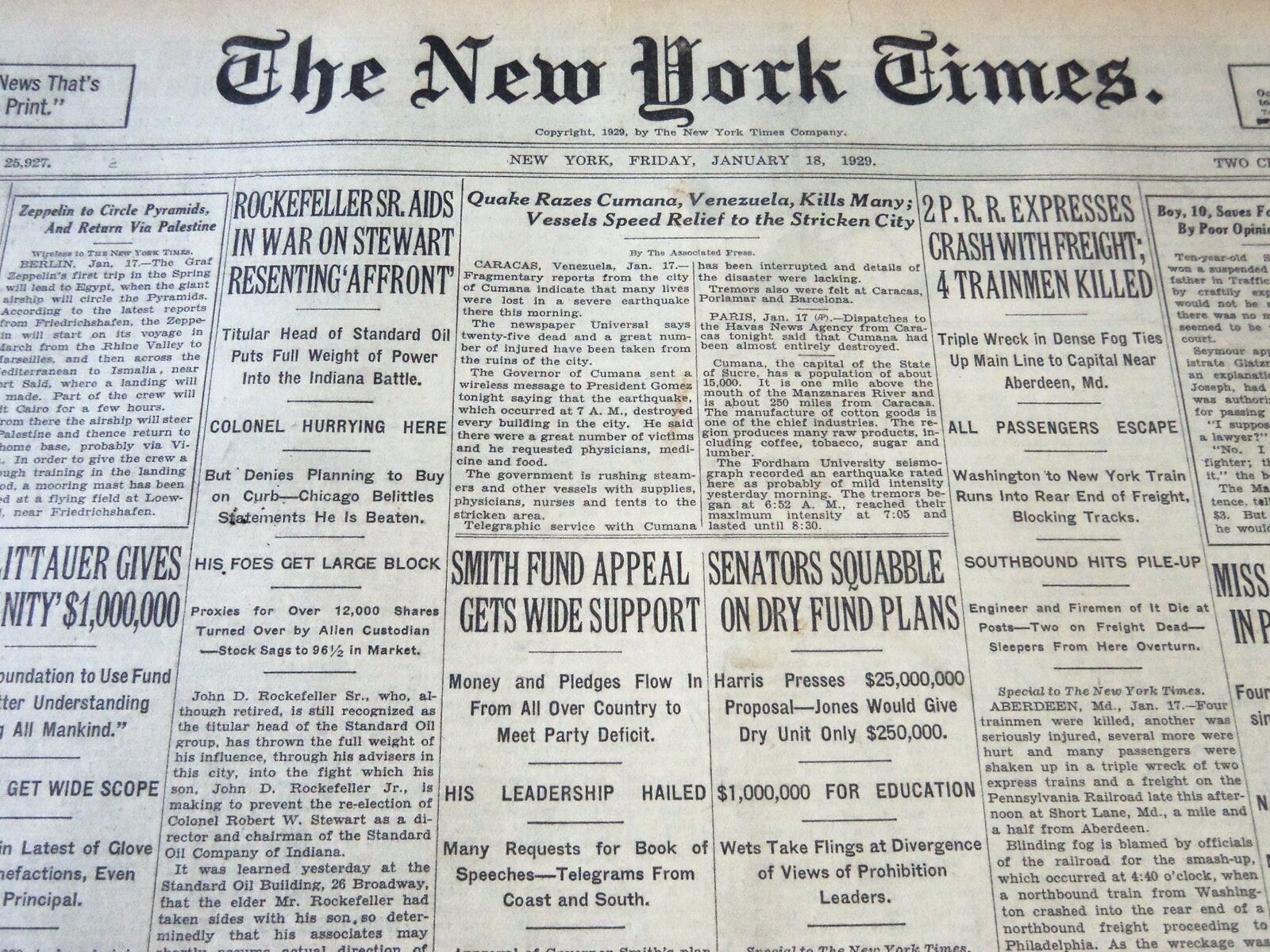 1929 JAN 18 NEW YORK TIMES - ROCKEFELLER SR. AIDS IN WAR ON STEWART - NT 6635
