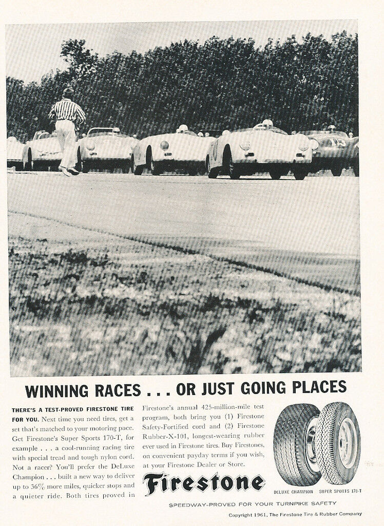 1961 Firestone Tire Porsche 356 Race - Classic Vintage Car Advertisement Ad J32