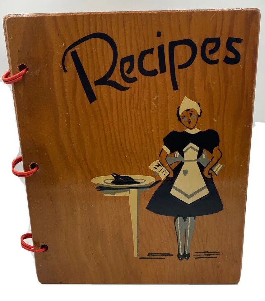 Vtg 1940s Wooden Bound Recipes Book Blank Pages Maid Ring bound
