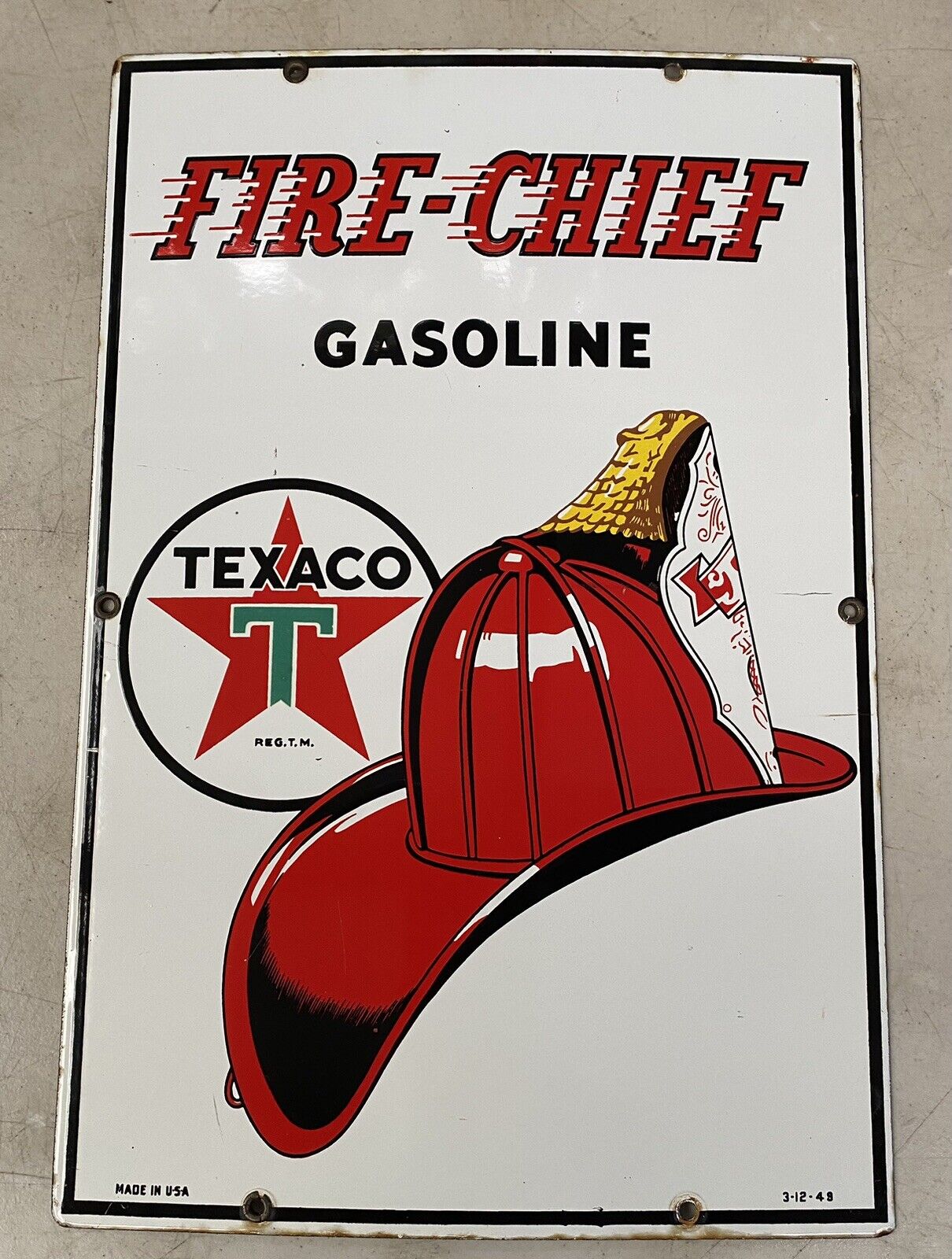 Original 1949 Texaco Fire Chief Porcelain GASOLINE Pump Plate 12 X 18 Nice