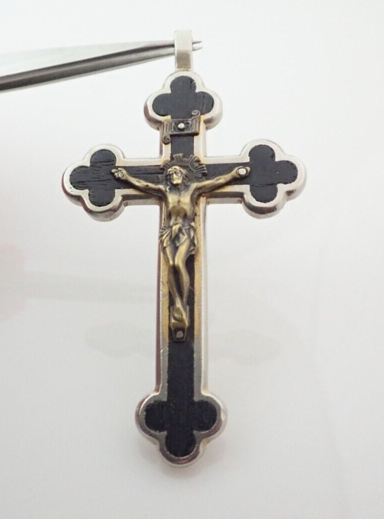 Antique Religious Rosary Cross Crucifix Pendant Germany Ebony Wood Inlay