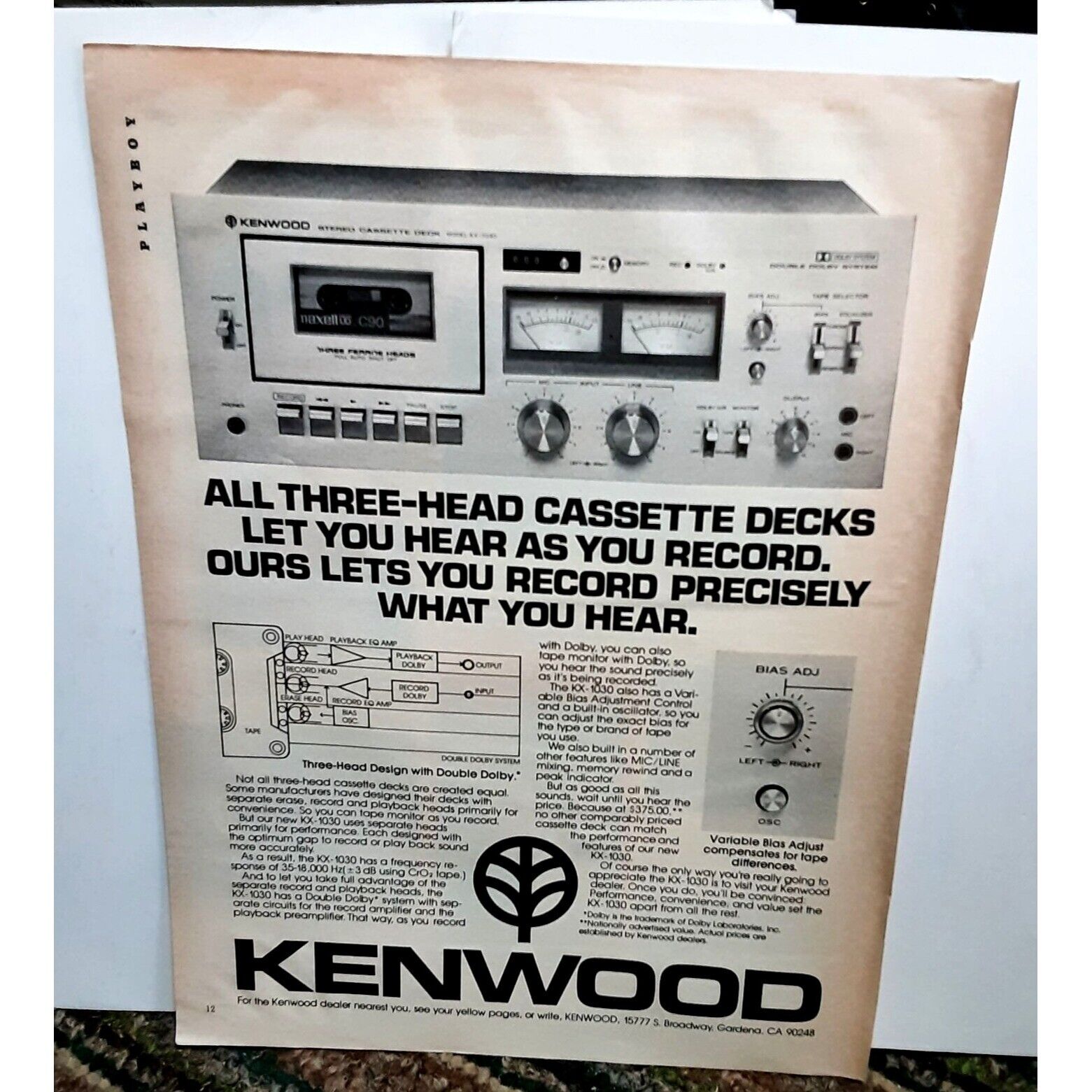 1978 Kenwood Three Head Cassette Deck Original Print Ad vintage