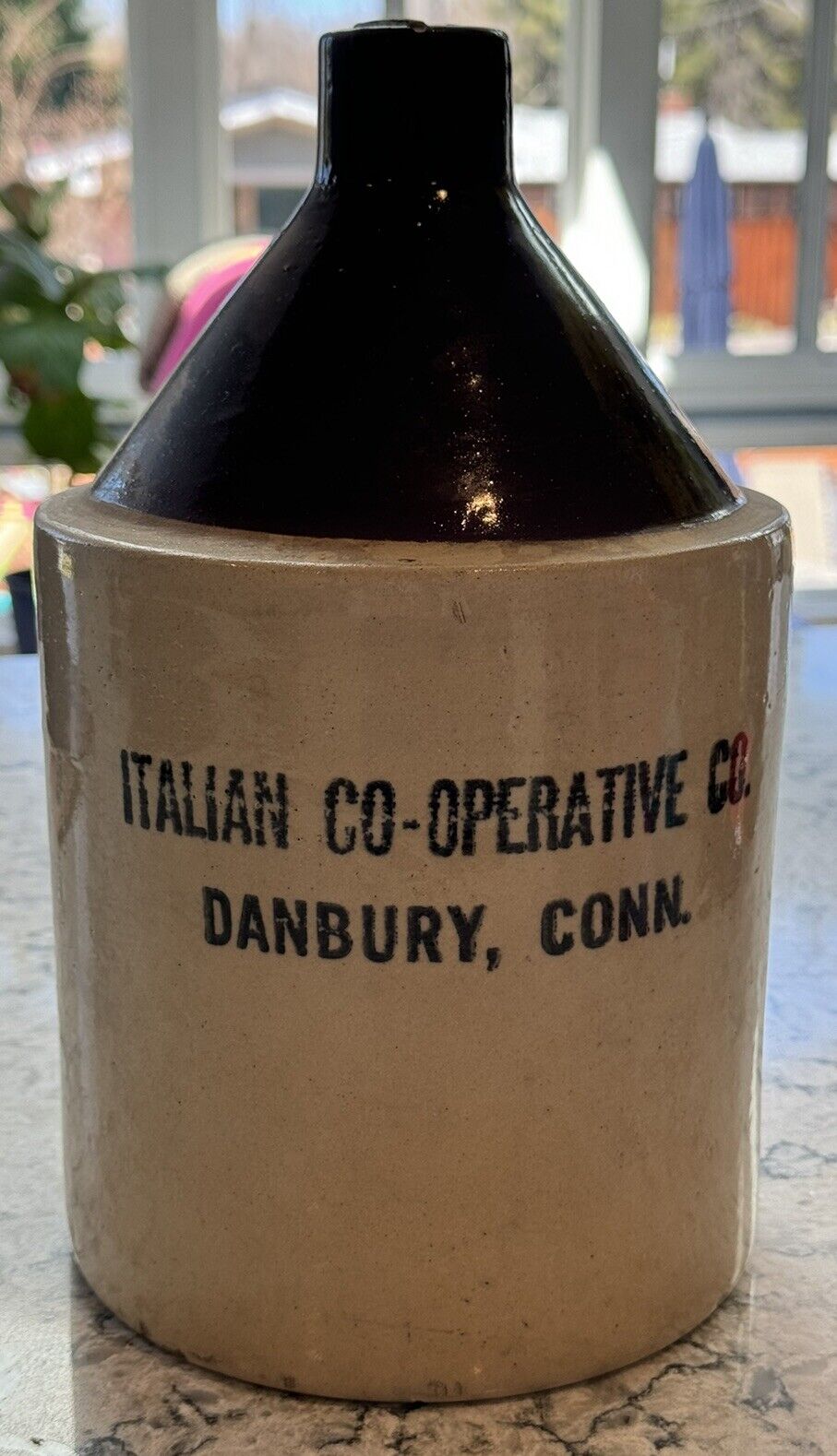 Antique Stoneware 1 Gallon Jug/Crock - Italian Co-Operative Co. Danbury, CT-RARE