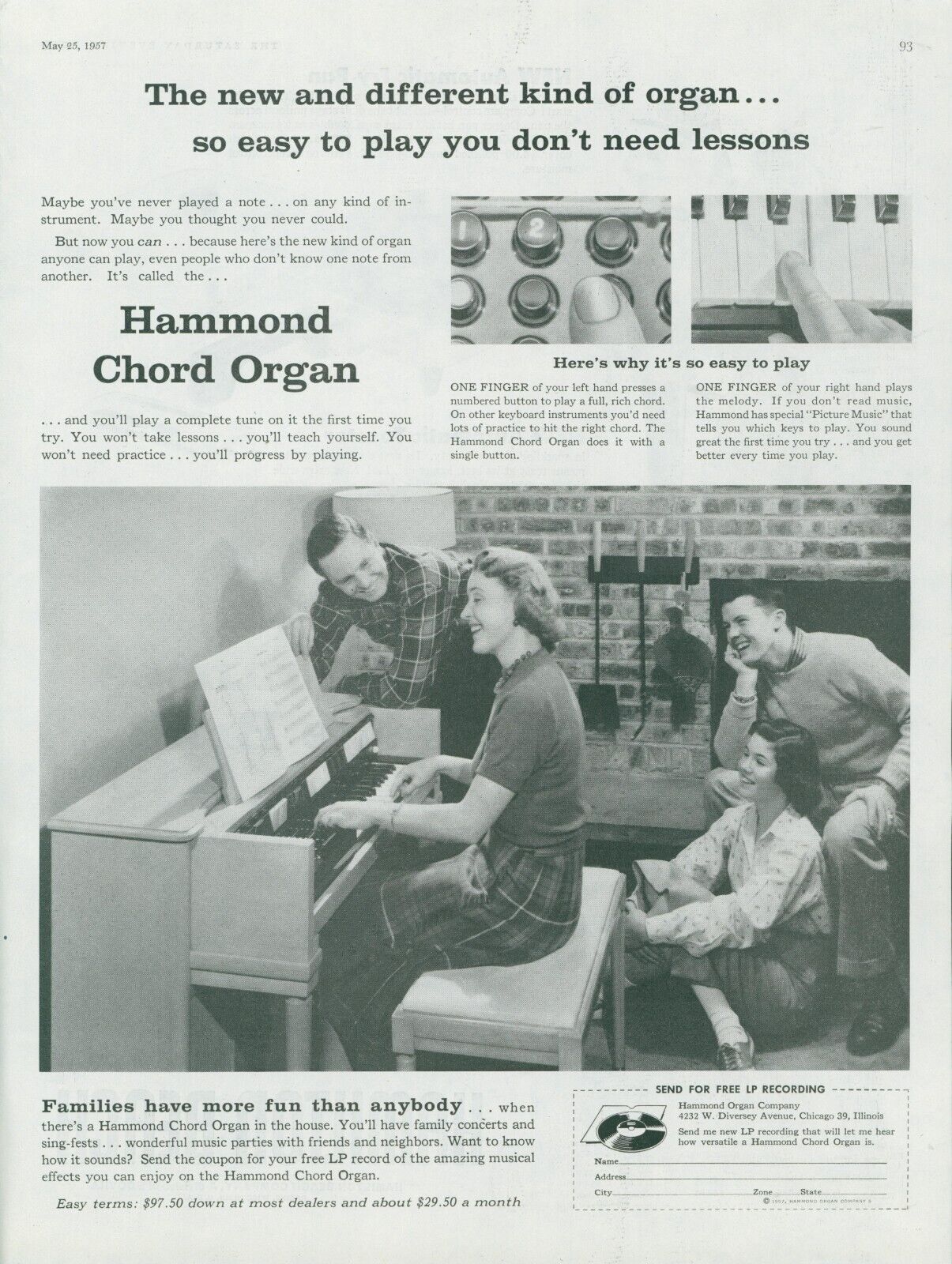 1957 Hammond Chord Organ Happy Family Fun Fireplace Easy to Play Print Ad SP21