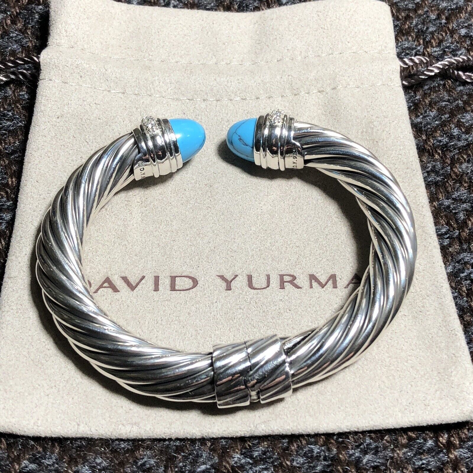 David Yurman Sterling Silver 10mm Cable Bracelet with Blue Turquoise & Diamonds