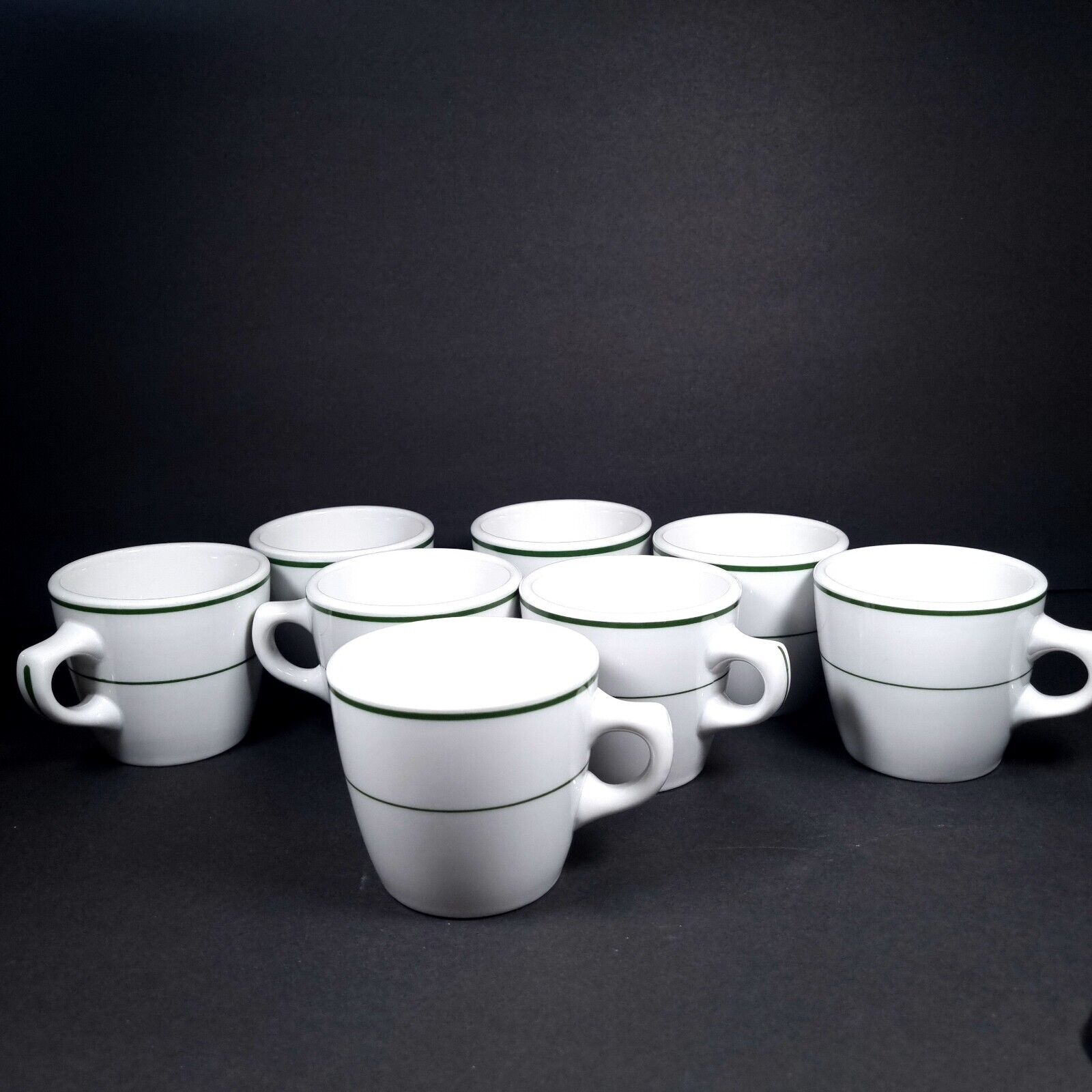 Vtg Set Of 8 Shenango New Castle PA Green Stripe Restaurant Coffee Mugs Cups