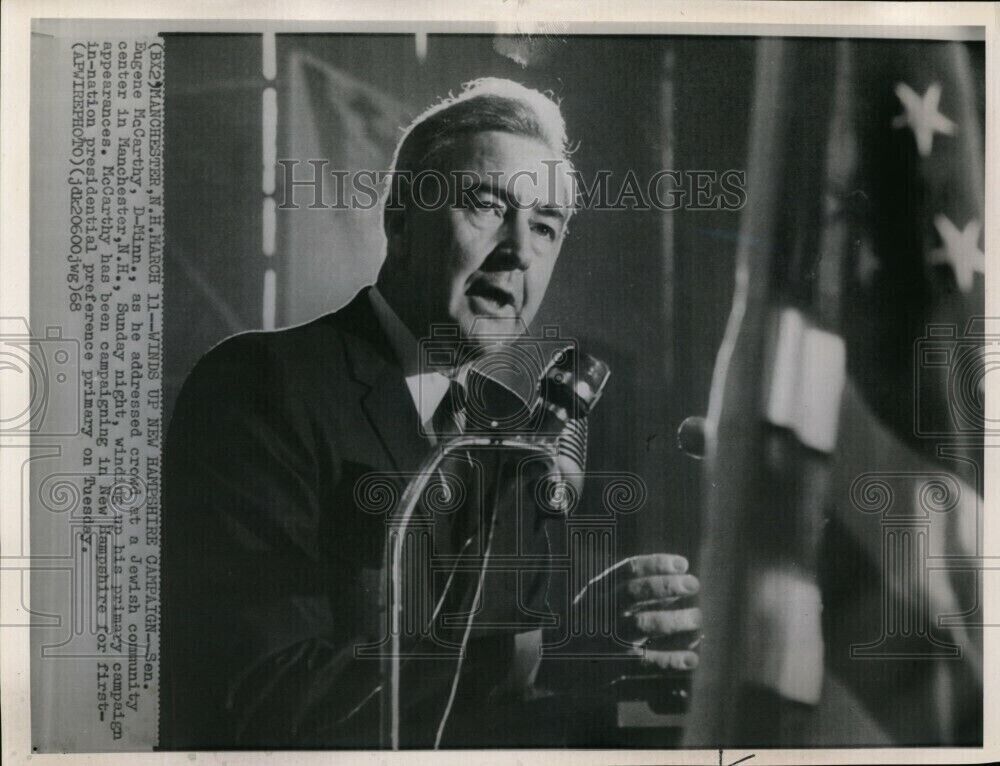 1968 Wirephoto Eugene McCarthy Minnesota Senator finishes campaign in NH 7.75X10