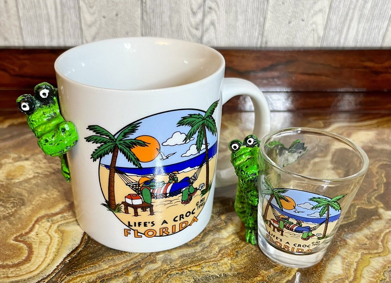 Life\'s a Croc alligator 3D coffee mug 1993 Florida Vintage 8 ounce + Shot Glass