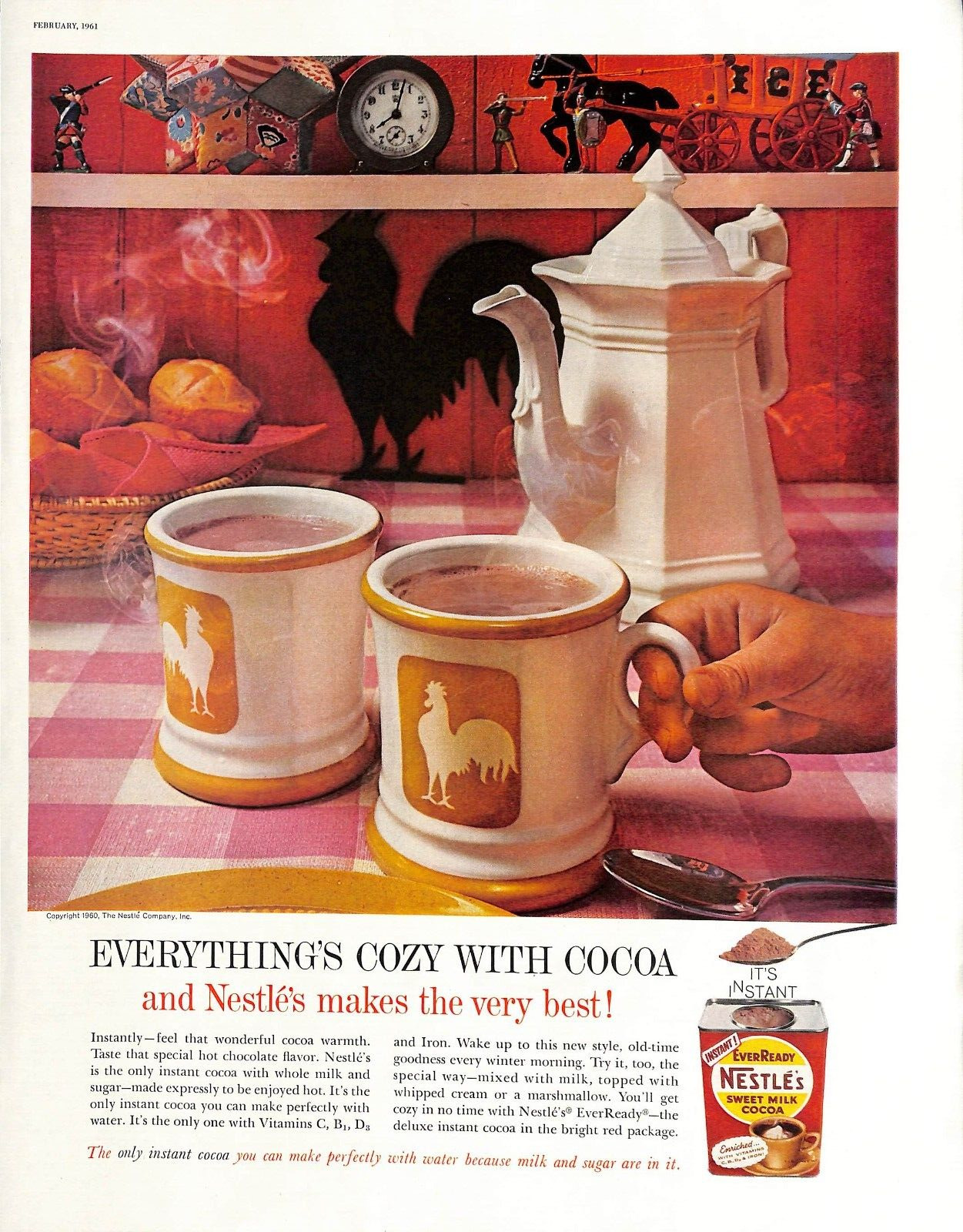 1961 Nestle Cocoa EverReady Sweet Milk Steaming Mugs VTG Print Ad A10