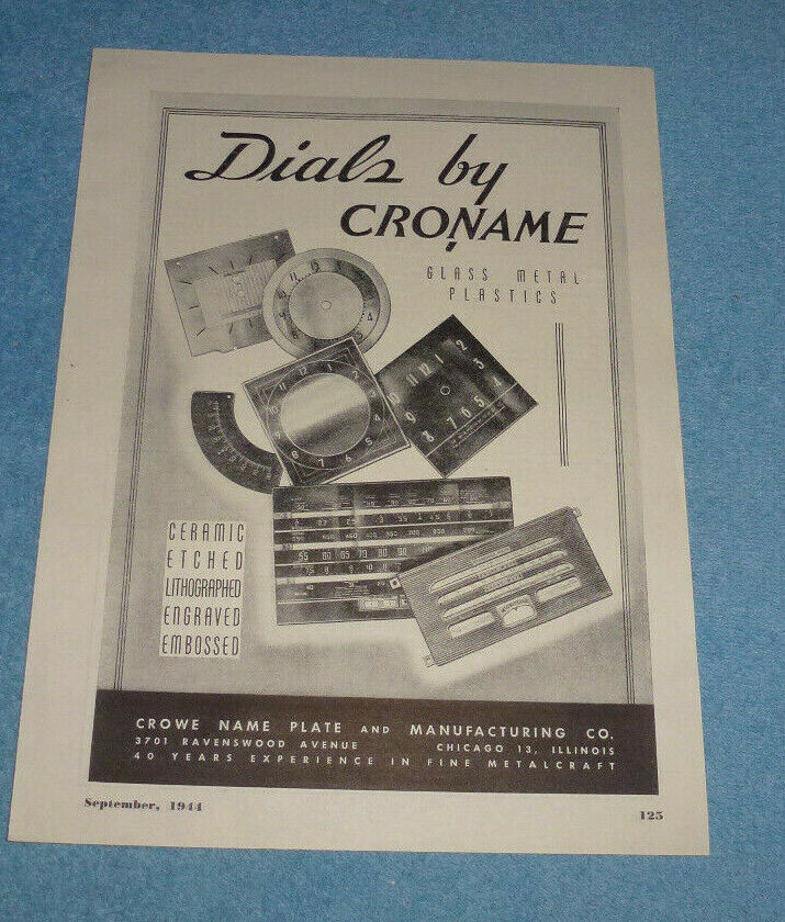 Antique 1944 Ad Dials by Croname Crowe Name Plate and Manufacturing Co