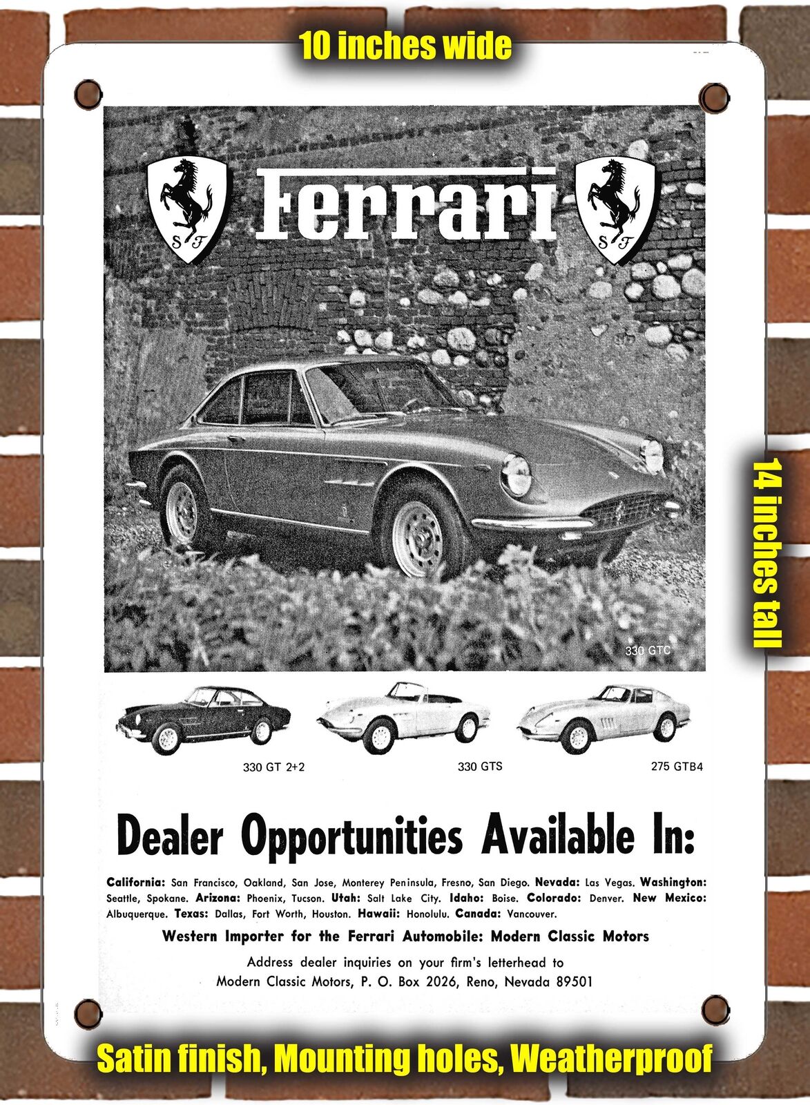 METAL SIGN - 1968 Ferrari Modern Classic Motors - 10x14 Inches
