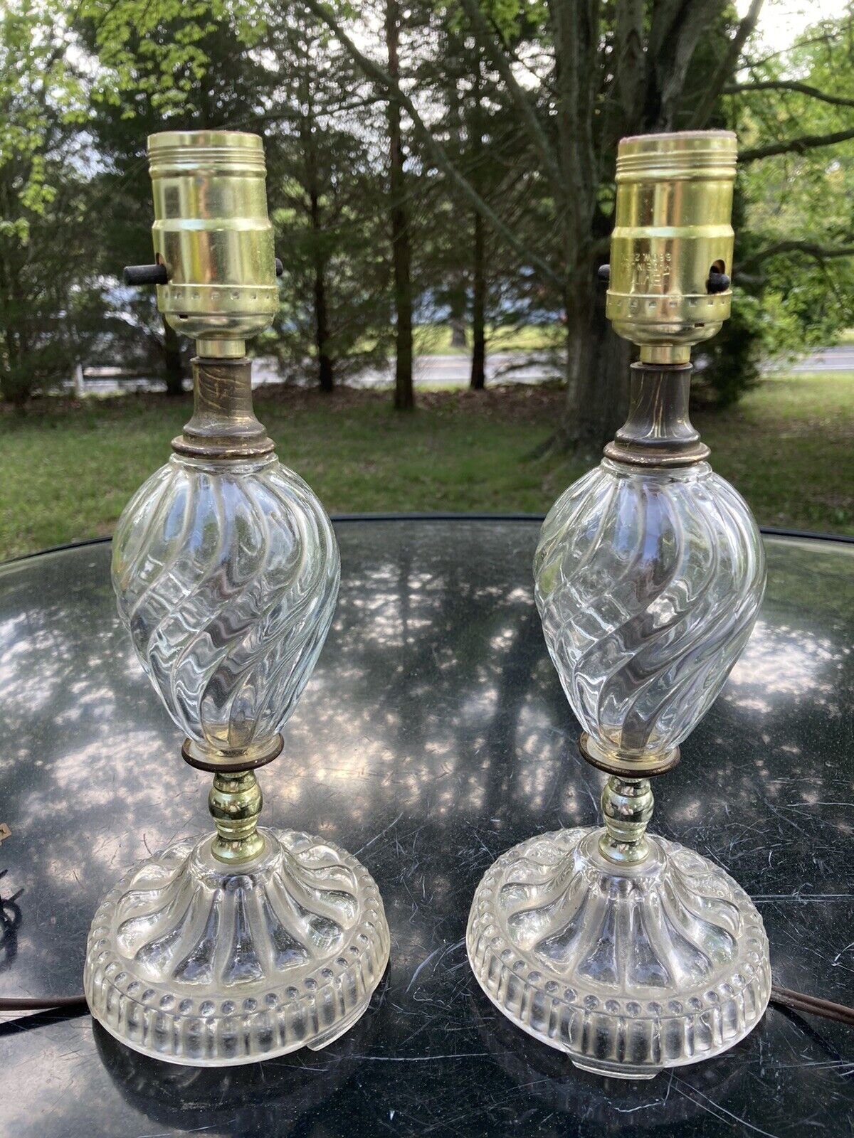 Pair Of depression Era Glass Dresser Lamps 10” Clear Swirl EXC