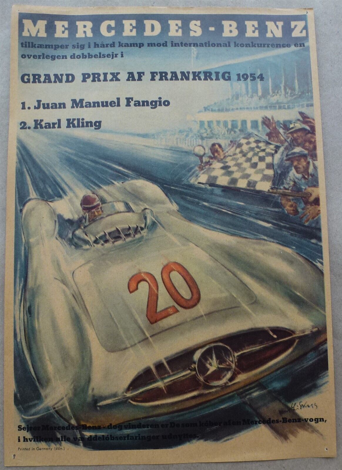 Poster Mercedes 1954 original victory poster French GP Fangio Kling Liska Deutch