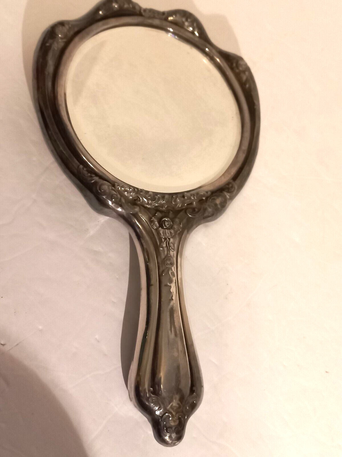 Vintage Ornate Silverplate Hand Held Mirror Beveled