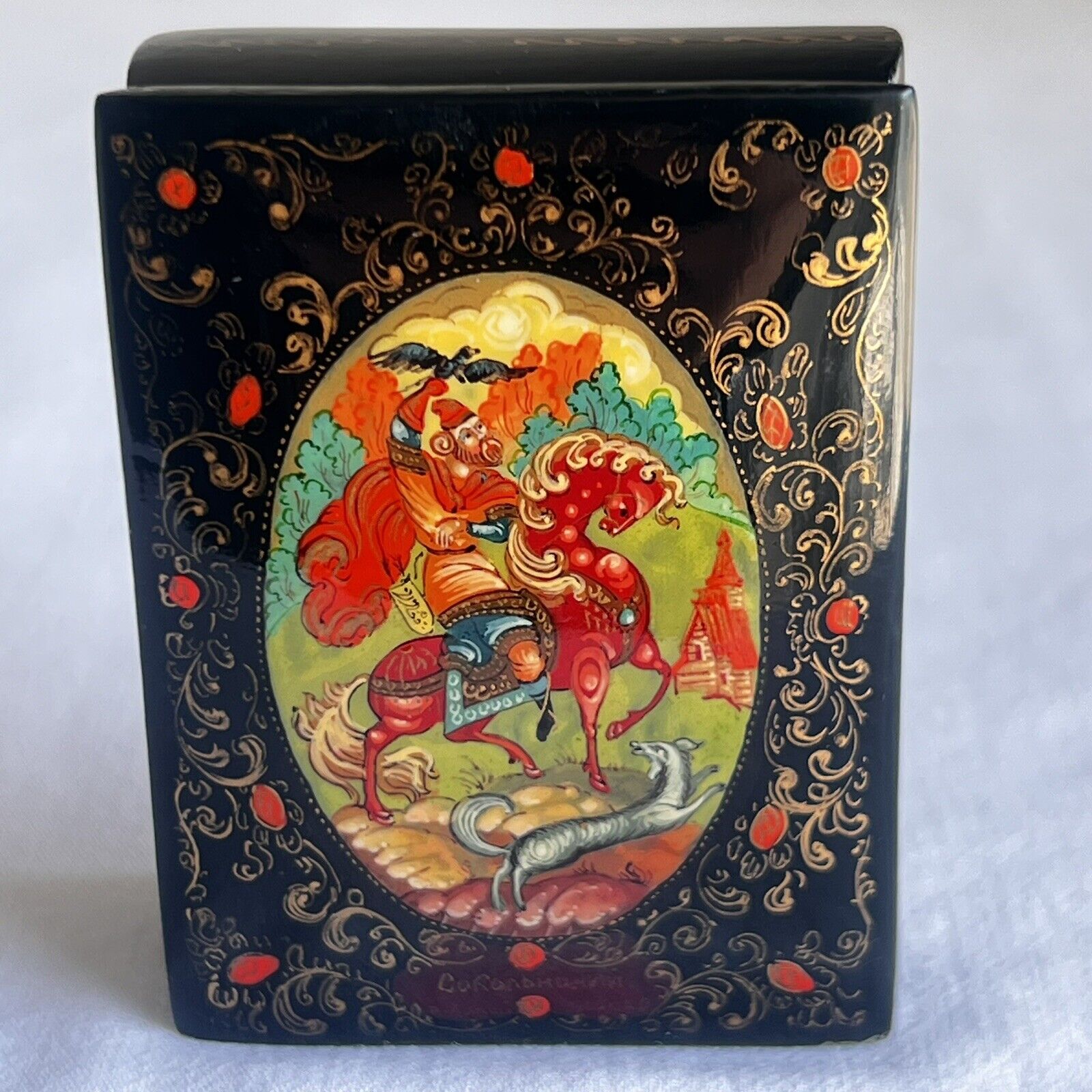 RUSSIAN LACQUER BOX USSR ART Signed Fairy Tale Man on Horse Ruler Bird Dog