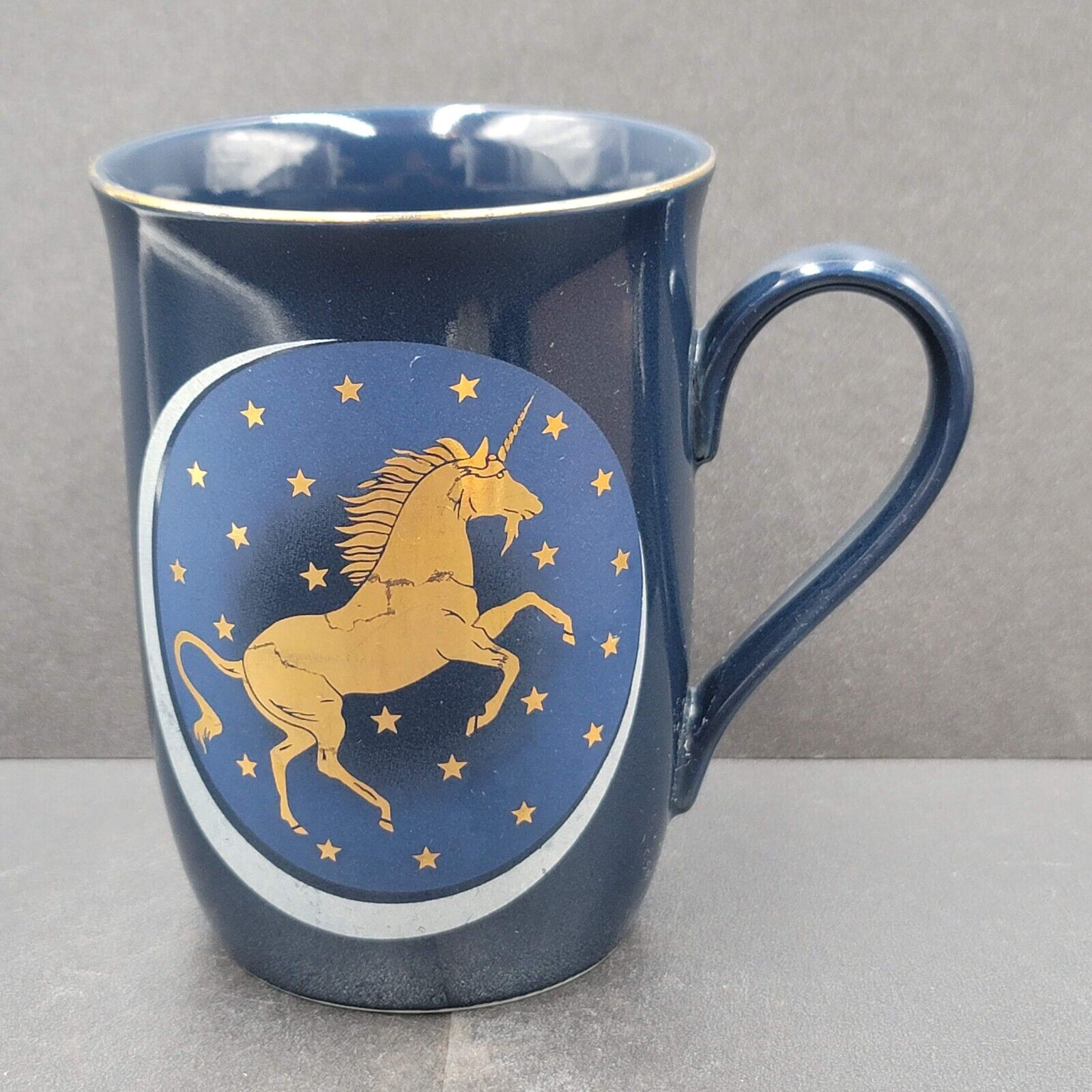 Vintage Otagiri Unicorn Stars Coffee Mug Navy Blue Gold Metallic Tea Cup