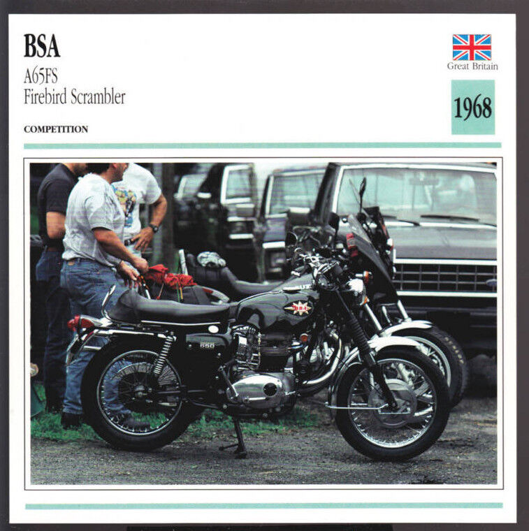 1968 BSA A65FS Firebird Scrambler 650cc Race Motorcycle Photo Spec Sheet Card