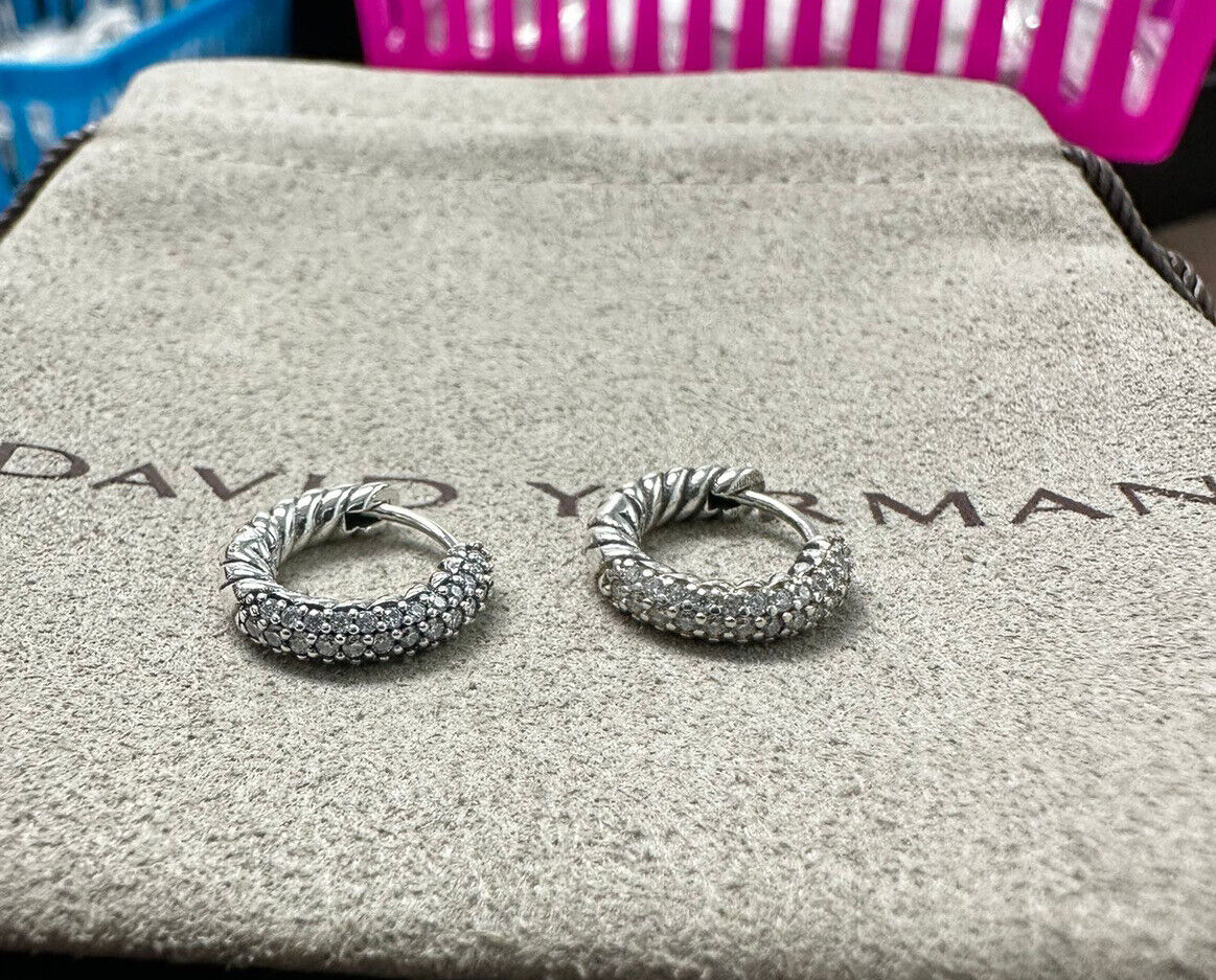 David Yurman Sterling Silver 925 Ostera Petite Pave Diamond Huggie Hoop Earrings