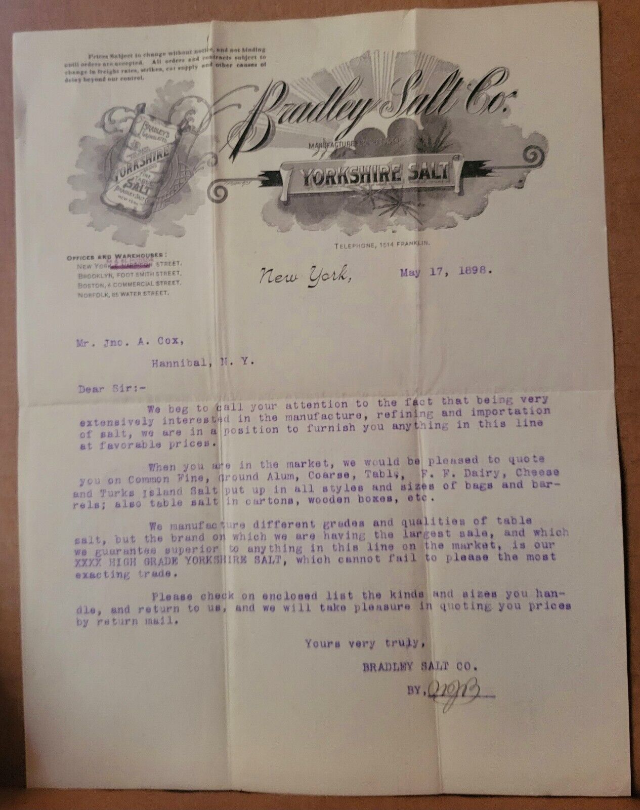 BRADLEY YORKSHIRE SALT  1898 NY to Hannibal Illustrated Letterhead Billhead 