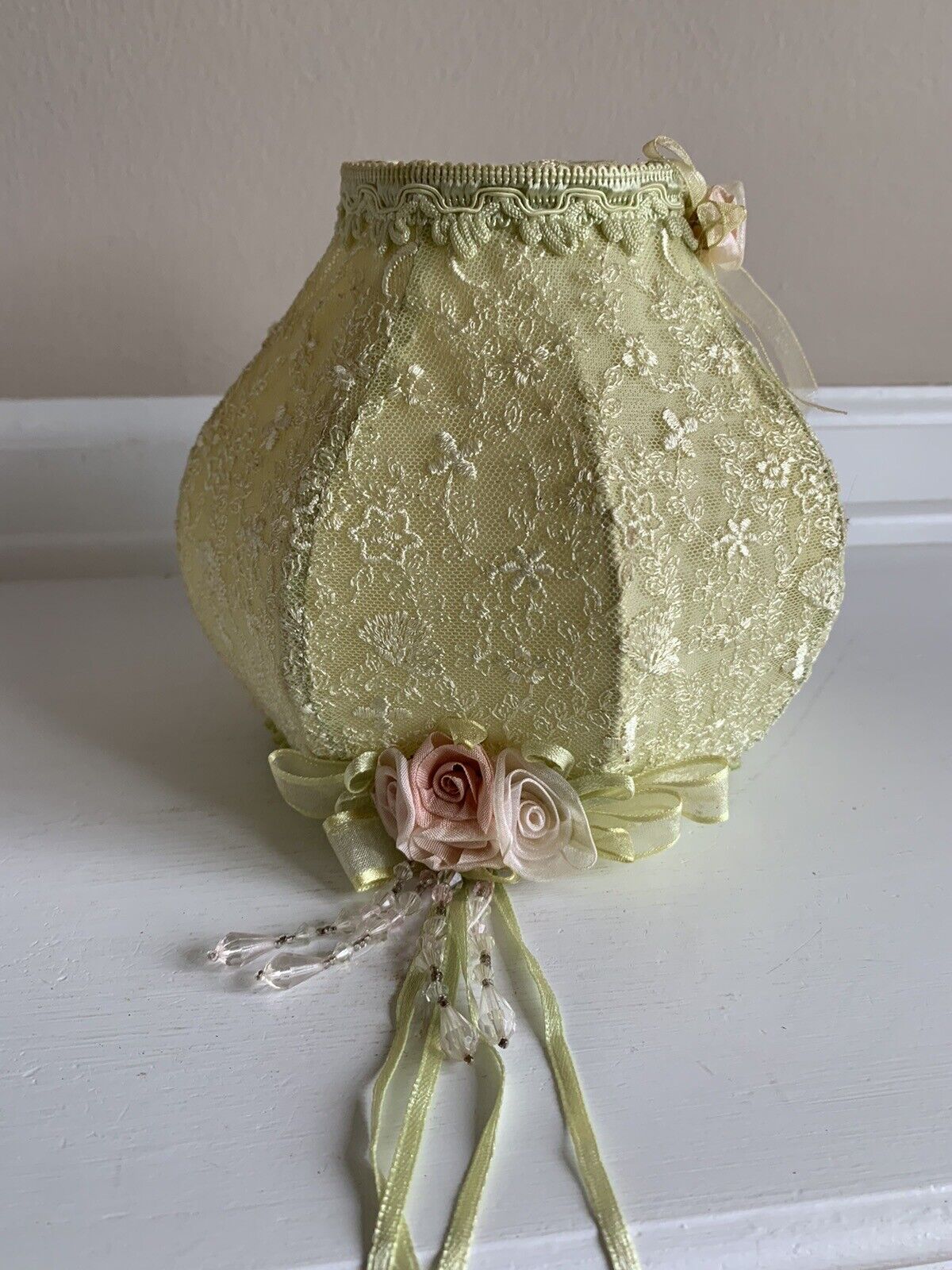 Antique Victorian Pale Green Clip On Lamp Shade W/Pink Flowers & Beads 6.25”