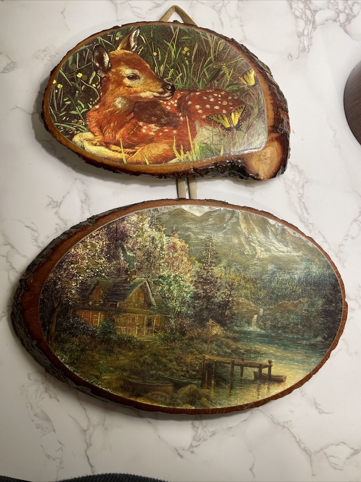2 Vintage Wood Slice Wall Hangings/ Plaques -deer, Lake House Cabin Core USA