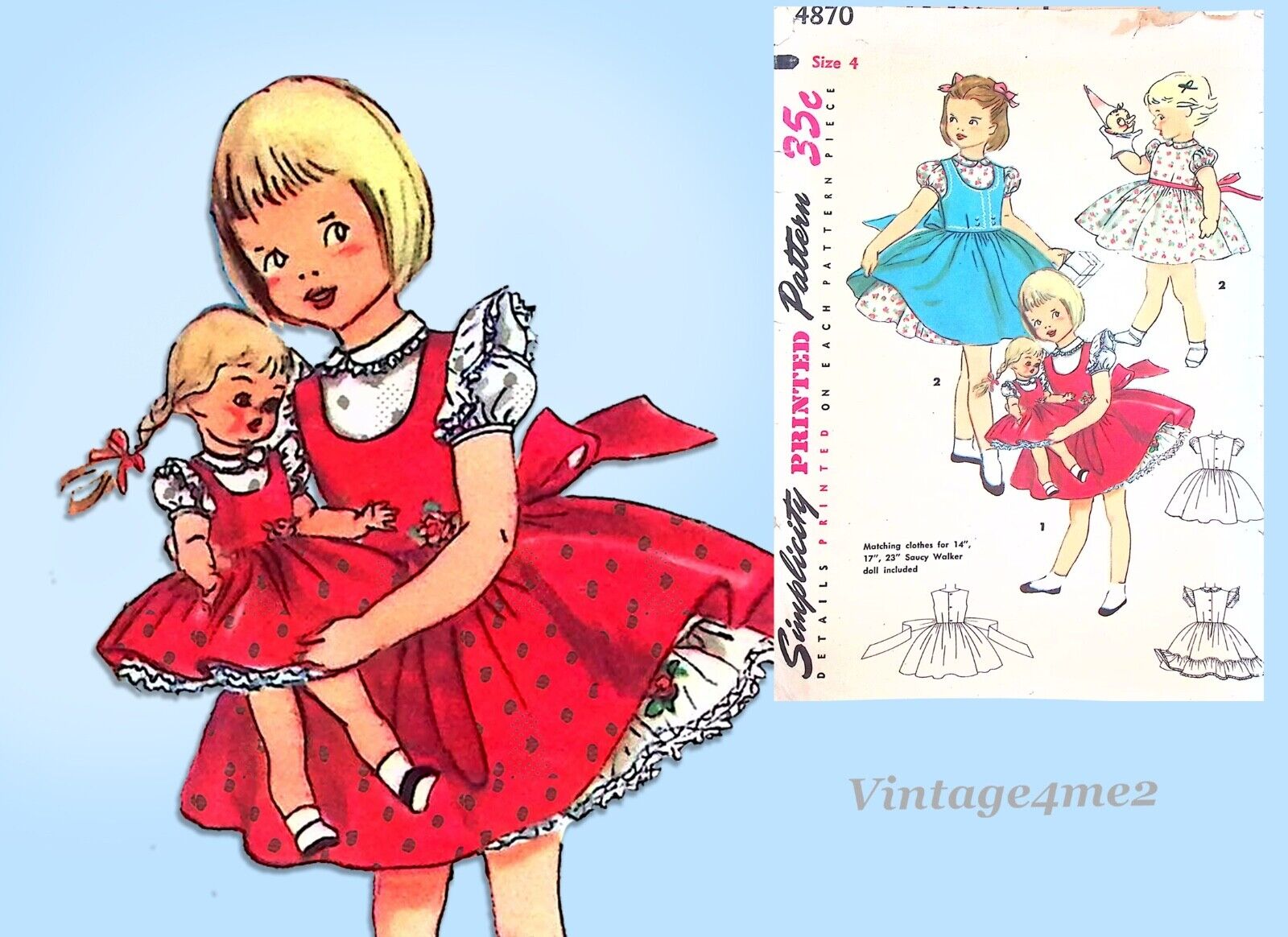 1950s Vintage Toddler Girls Dress w Doll Simplicity 4870 Sewing Pattern  sz 4