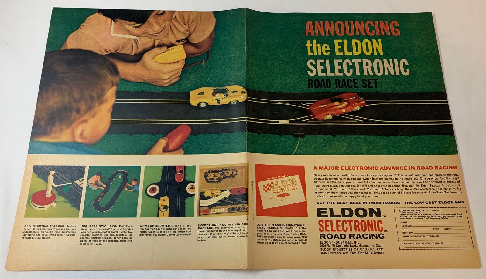1963 ELDON Road Racing slot cars two page ad ~ ANNOUNCING SELECTRONIC