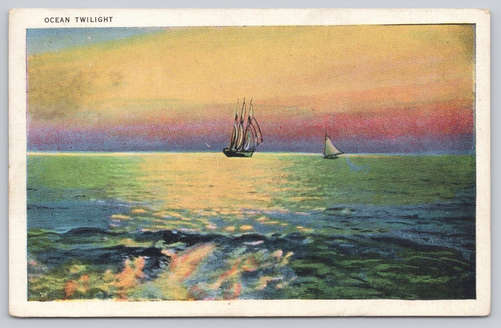 Postcard Sailboat Ocean Twilight Linen c1937
