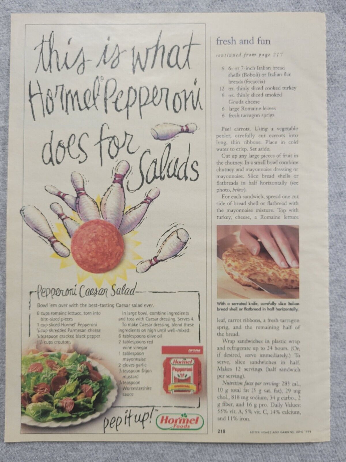 1998 Magazine Advertisement Page Hormel Pepperoni Caesar Salad Recipe Print Ad