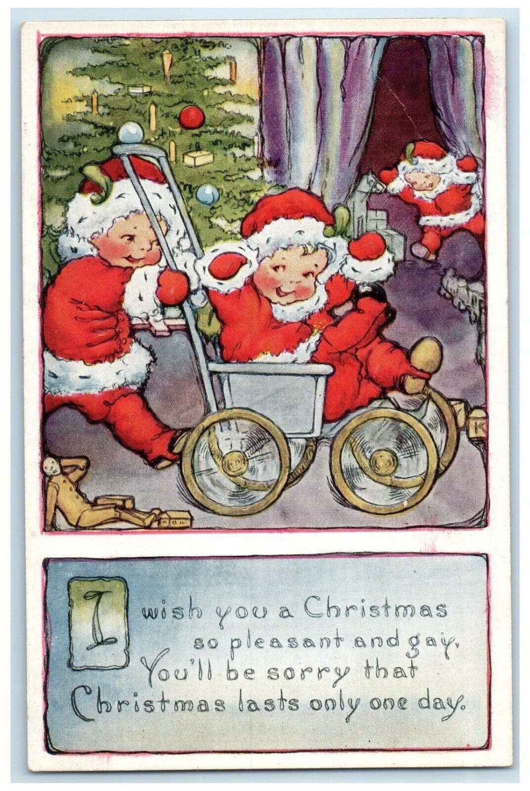 c1910\'s Christmas Kids Wearing Santa Claus Costume Playing Embosses Postcard