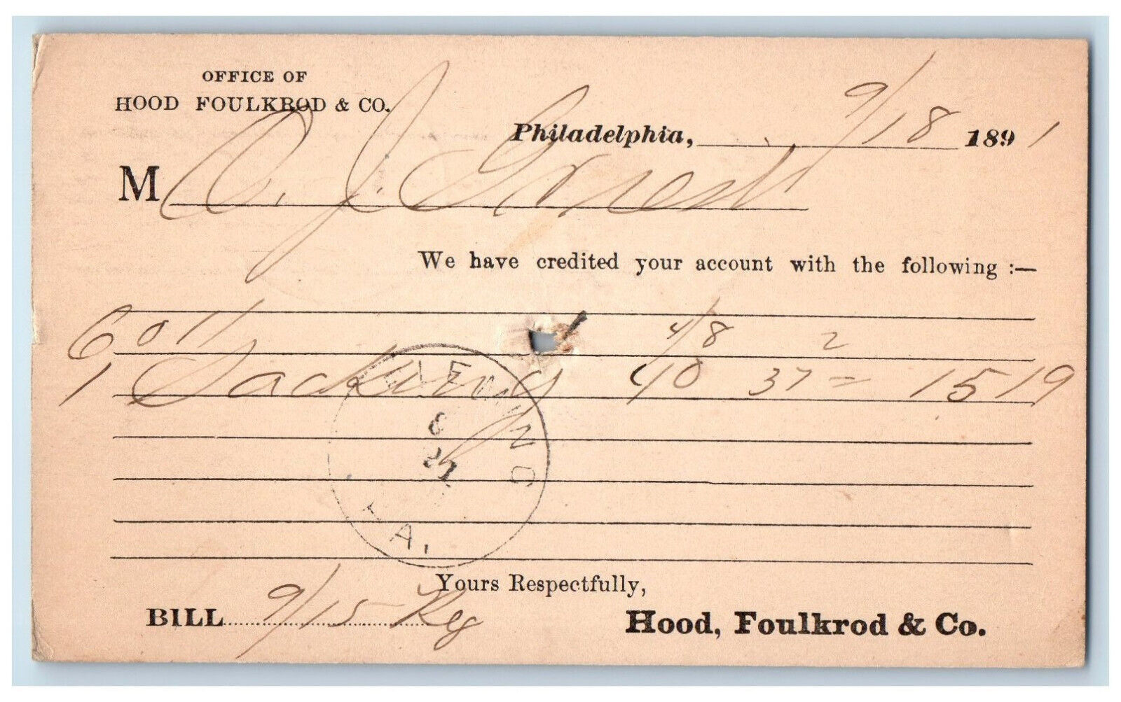 1891 Office Hood Foulkrod & Co. Philadelphia Pennsylvania PA Postal Card