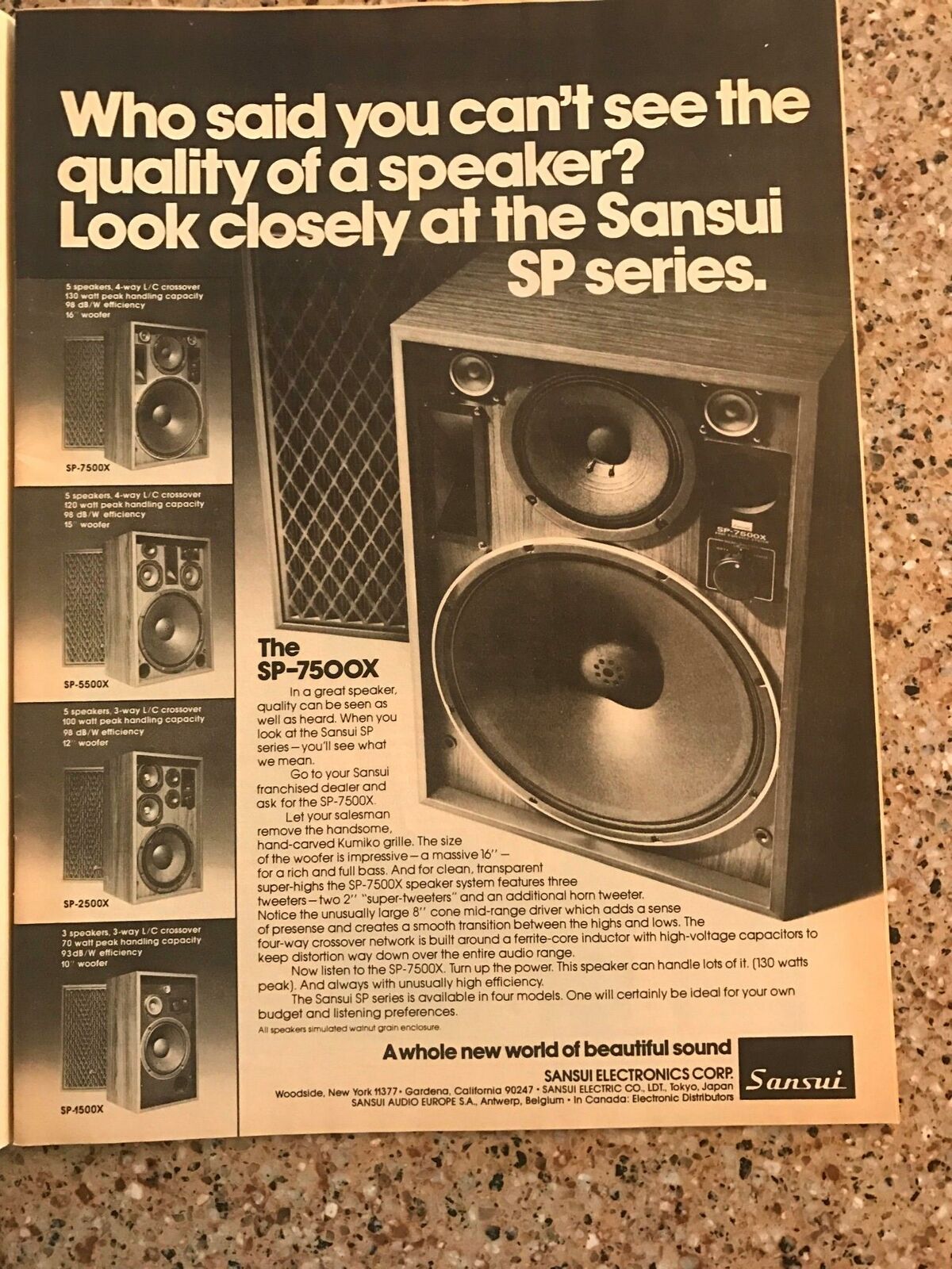 1977 VINTAGE 8X11 B&W PRINT Ad FOR Sansui SP SERIES SP-7500X SPEAKERS 5500 2500