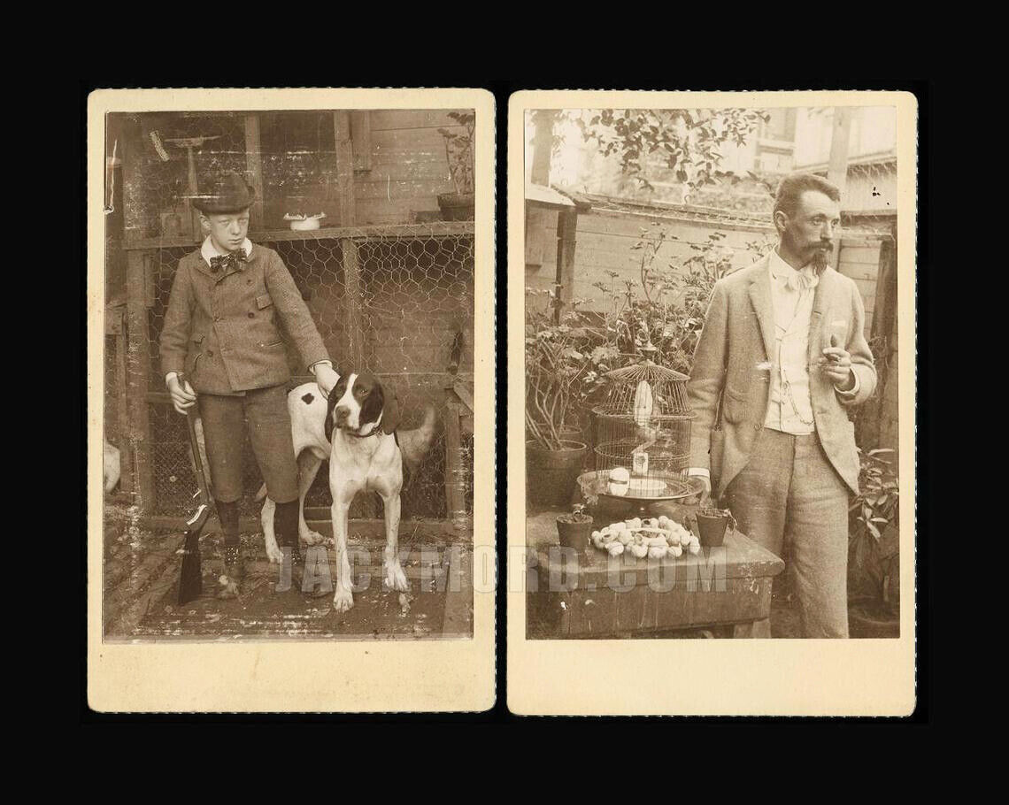 Excellent Antique Photo Lot Father & Son + Dog Turtle Chickens Birds in Birdcage